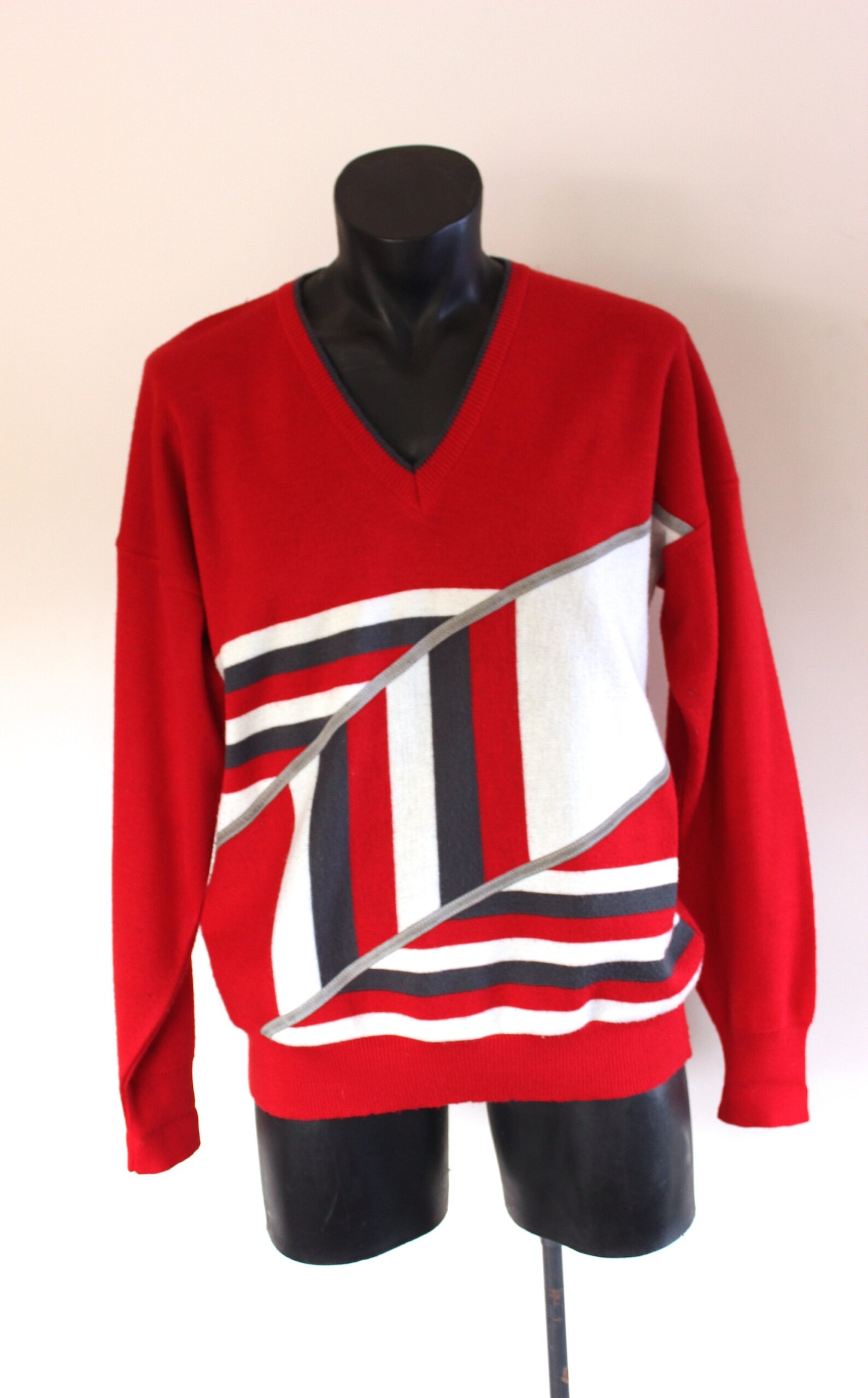 Gabicci Mens Sweater Vintage V Neck Sweater 1970s Red White Etsy