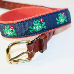 Vintage Leather Man Essex Frog Belt, Brass Buckle, Made in USA, Handmade Leather & Canvas Belt, Kids Belt, Size 24 Children, Frogs, *