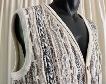 90s Coogi Style Knit Vest Sweater, Mulga Classic Australia Wool, Gray tone Vest, Textured Sweater Coogi Vest ,Knit Sweater, 44" Chest