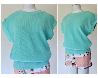 Sea Green Ribbed Open Sleeve Top, Shortsleeved Top, Women's Vintage, Medium, New Zealand Vintage, Vintage*