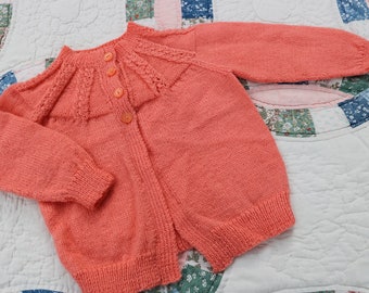NEW Coral Wool Hand Knit Cardi, 18 Months, Girls Cardigan, Girls Orange Wool Cardigan, New Zealand Wool*