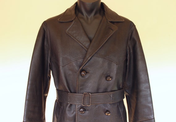 Vintage 1930s Leather Mens Trench Coat, Dark Brown Le… - Gem