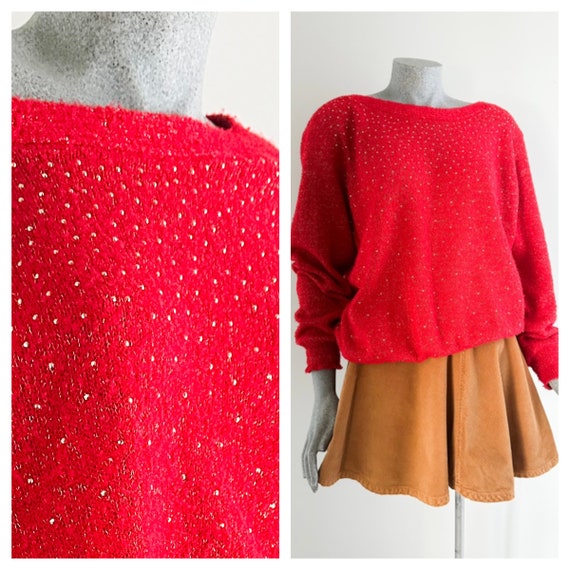 Flashdance 90s Lipstick Red Glitter Lurex Knit Sw… - image 1