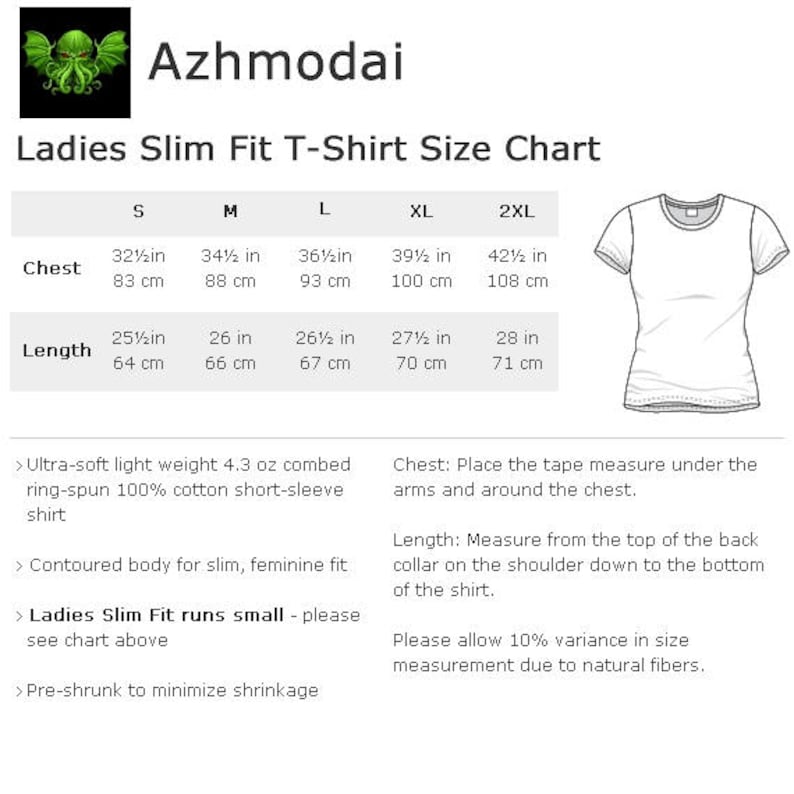 May include: A white Ladies Slim Fit T-Shirt size chart with chest and length measurements in inches and centimeters. The chart includes sizes S, M, L, XL, and 2XL. The shirt is ultra-soft, lightweight, and pre-shrunk.
