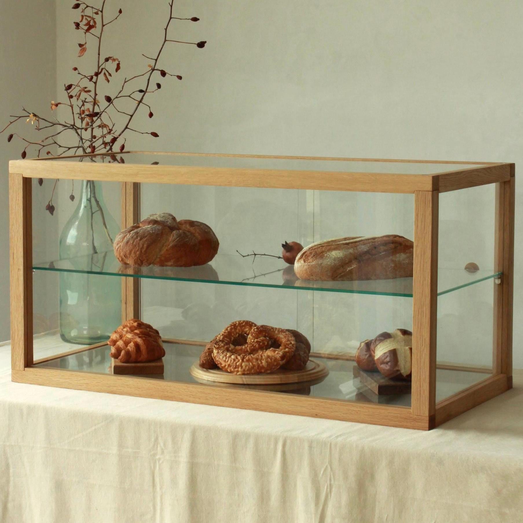 Glass and Oak Display Case / Cabinet for Bakery, Home Interior, Jewellery and Collectables. Flat Pack, Modular with Simple Assembly.