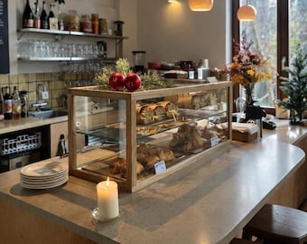 Large Oak Glass Display Cabinet | Countertop Wooden Display Case for Café, Bakery, Cakes, Retail, Jewellery, Market Stall, Home Decor.