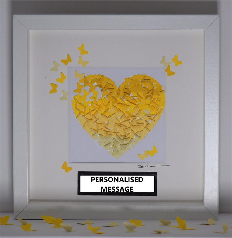 Yellow Framed 3D Butterfly Heart Picture Love Heart Butterfly Anniversary Gift Butterfly Decal 3D Wall Art Butterfly Art
