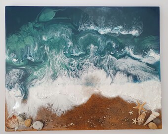 Original, Signed, One-off, Resin Seascape on Wooden Canvas 16"x20" . Original Art
