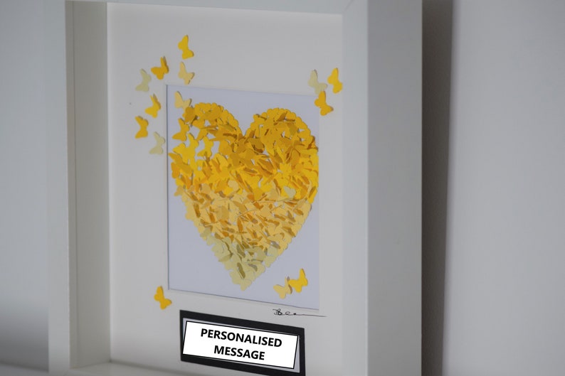 Yellow Framed 3D Butterfly Heart Picture Love Heart Butterfly Anniversary Gift Butterfly Decal 3D Wall Art Butterfly Art
