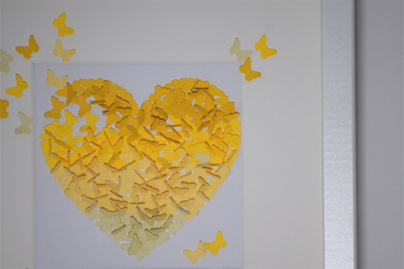 Yellow Framed 3D Butterfly Heart Picture Love Heart Butterfly Anniversary Gift Butterfly Decal 3D Wall Art Butterfly Art