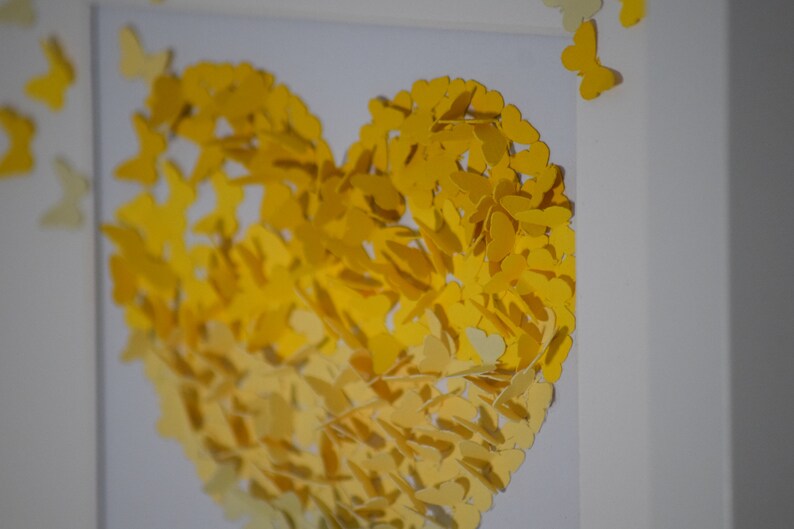 Yellow Framed 3D Butterfly Heart Picture Love Heart Butterfly Anniversary Gift Butterfly Decal 3D Wall Art Butterfly Art