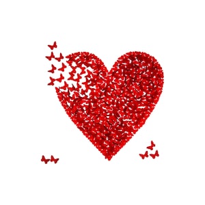 Puede incluir: Una forma de corazón roja hecha de muchas mariposas pequeñas rojas. Algunas mariposas se están volando del corazón.