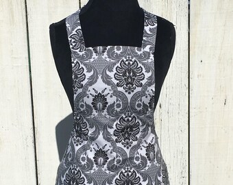 Women's Scroll Print Apron with Gray and White Polka Dot Side Panels and Pockets ~ Gray / Black / White ~ One Size Fits Most ~ Handmade
