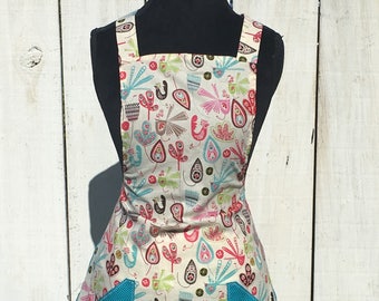 Women's Colorful Bird Print Apron with Teal and White and Polka Dot Side Panels ~ Beige / Teal / Multi-Color ~ One Size Fits Most ~ Handmade