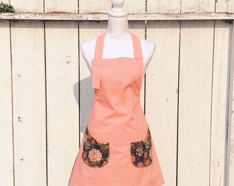 Women's Rose Floral Print Apron ~ Peach / Black / Pink ~ One Size Fits Most ~ Handmade
