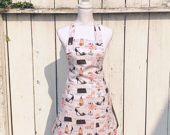 Women's Paris New York Milan Fashion Makeup Perfume Print Apron ~ White / Black / Gold / Pink ~ One Size Fits Most ~ Handmade