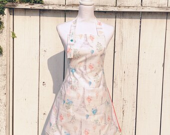 Women's Paris France Landmark Eiffel Tower Print and Pink Apron ~ Cream / Blue / Pink ~ One Size Fits Most ~ Handmade