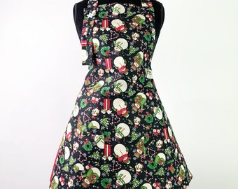 Women's Snowman and Decorations Print Winter Holiday Season Apron ~ Black / White / Green / Red ~ One Size