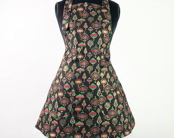 Women's Christmas Ornaments and Plaid Print Winter Holiday Season Apron ~ Black / Gold / Green / Red ~ One Size