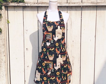 Women's Chicken Farmhouse Kitchen Print Apron ~ Black / Green / Red / White ~ One Size Fits Most ~ Handmade
