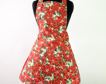 Women's Winter Poinsettia Print Christmas Holiday Season Apron ~ Red / White / Green ~ One Size