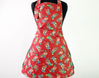 Women's Christmas Stockings Print Winter Holiday Season Apron ~ Red / Green / Blue ~ One Size