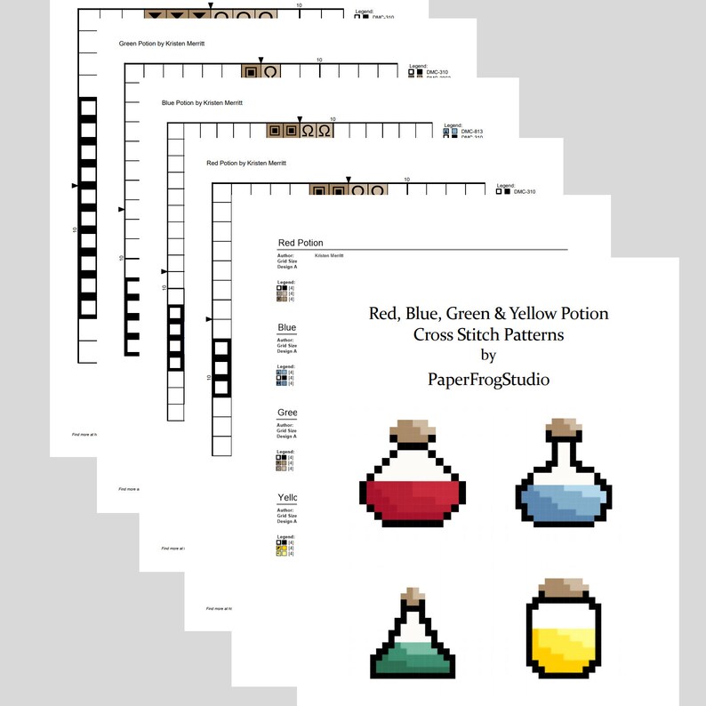 Green and Yellow Potion Patterns Potion Set Red Cross Stitch Pattern Set Blue