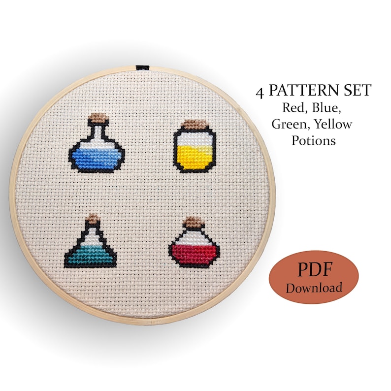 Green and Yellow Potion Patterns Potion Set Red Cross Stitch Pattern Set Blue