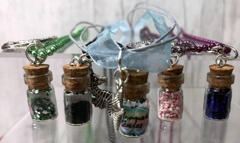 Ball or Lace-Chain Necklace Mermaid Scales Necklace with Charm Choice of Charm Mermaid Scales in Mini Vial