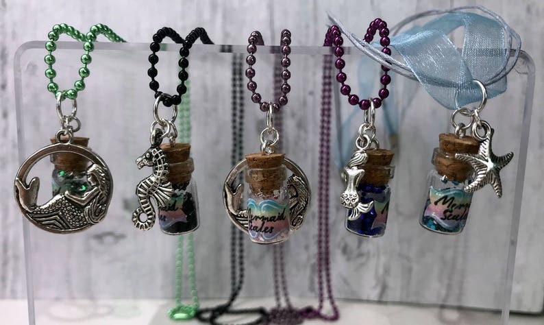 Ball or Lace-Chain Necklace Mermaid Scales Necklace with Charm Choice of Charm Mermaid Scales in Mini Vial