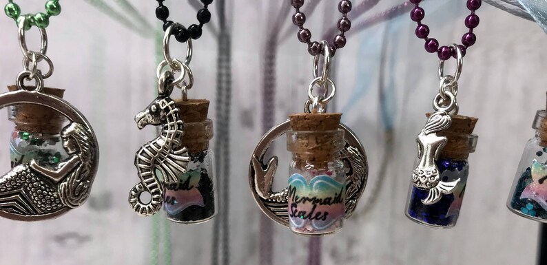 Ball or Lace-Chain Necklace Mermaid Scales Necklace with Charm Choice of Charm Mermaid Scales in Mini Vial