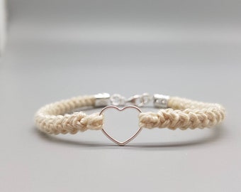 Heart Bracelet, Cotton Anniversary, Gift for Her, 2nd Anniversary Her, Birthday Gift, Wedding Favour, 925 Sterling Silver, Valentines Gift