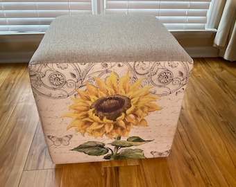 Cube Ottoman with “Sunflower” Design 17x17