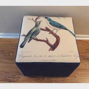 May include: Square ottoman with a cream-colored top featuring a detailed illustration of two birds perched on a branch. The birds are in shades of blue and gray. The sides of the ottoman are navy blue.