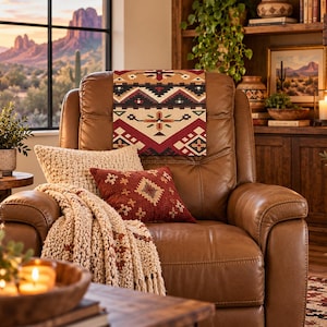 May include: A brown leather recliner chair featuring a patterned textile throw draped over the backrest, a cream-colored textured throw blanket, and a small square red pillow with a geometric pattern placed on the seat cushion.