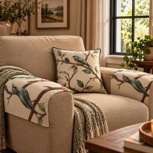 May include: A beige upholstered armchair featuring arm covers and a square throw pillow, both decorated with a pattern of blue birds perched on brown branches with green leaves. A textured olive green knit throw blanket is draped over the side.