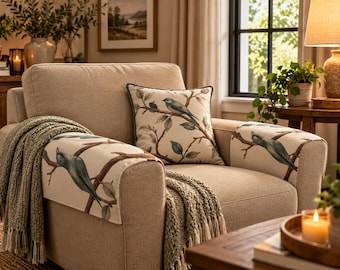 May include: A beige upholstered armchair featuring arm covers and a square throw pillow, both decorated with a pattern of blue birds perched on brown branches with green leaves. A textured olive green knit throw blanket is draped over the side.