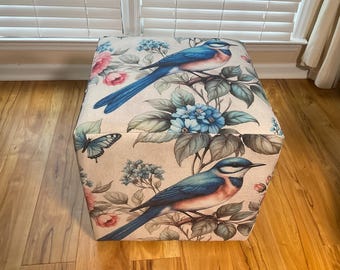 Beautiful Cube Ottoman with  “Blue Birds” 17x17x17