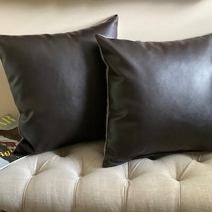 May include: Two dark brown faux leather throw pillows with a light gray trim. The pillows are on a light gray tufted couch.