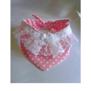 Dog Bandana in Soft Pink and White With Lace tie neckline