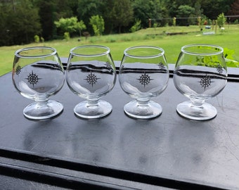 60s Mid Century Nautical Compass Brandy Snifter Glasses Set of 4