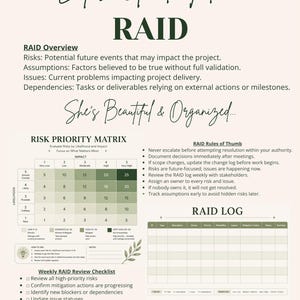 May include: A beige and green project management guide detailing RAID (Risks, Assumptions, Issues, Dependencies). It features a risk priority matrix, a RAID log, and a weekly review checklist. The text includes "Let's Girl Talk..." and "She's Beautiful & Organized..."