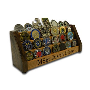 Vertical Challenge Coin Rack Display, Up To 28 Military Challenge Coins, Engraved/Personalized, Army, Navy, Marines, Air Force, Coast Guard