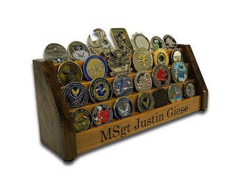 Vertical Challenge Coin Rack Display, Up To 28 Military Challenge Coins, Engraved/Personalized, Army, Navy, Marines, Air Force, Coast Guard