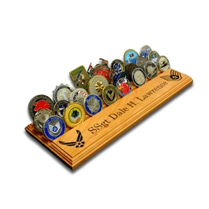 Personalized Military Challenge Coin Rack: Engraved Wooden Display