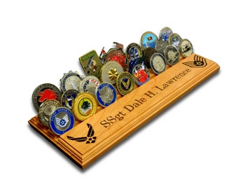 A.R.S. Challenge Coin Rack Display, 24 Military Challenge Coins, Engraved & Personalized, Army, Navy, Marines, Air Force, Coast Guard