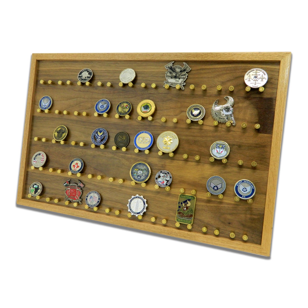 50 Challenge Coin Rack Display, Military Coin Holder, 9mm Brass Bullet