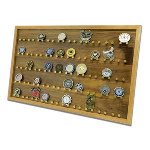 50 Challenge Coin Rack Display, Military Coin Holder, 9mm Brass Bullet Casings, 16 1/4 x 25, Army, Navy, Marines, Air Force, Coast Guard