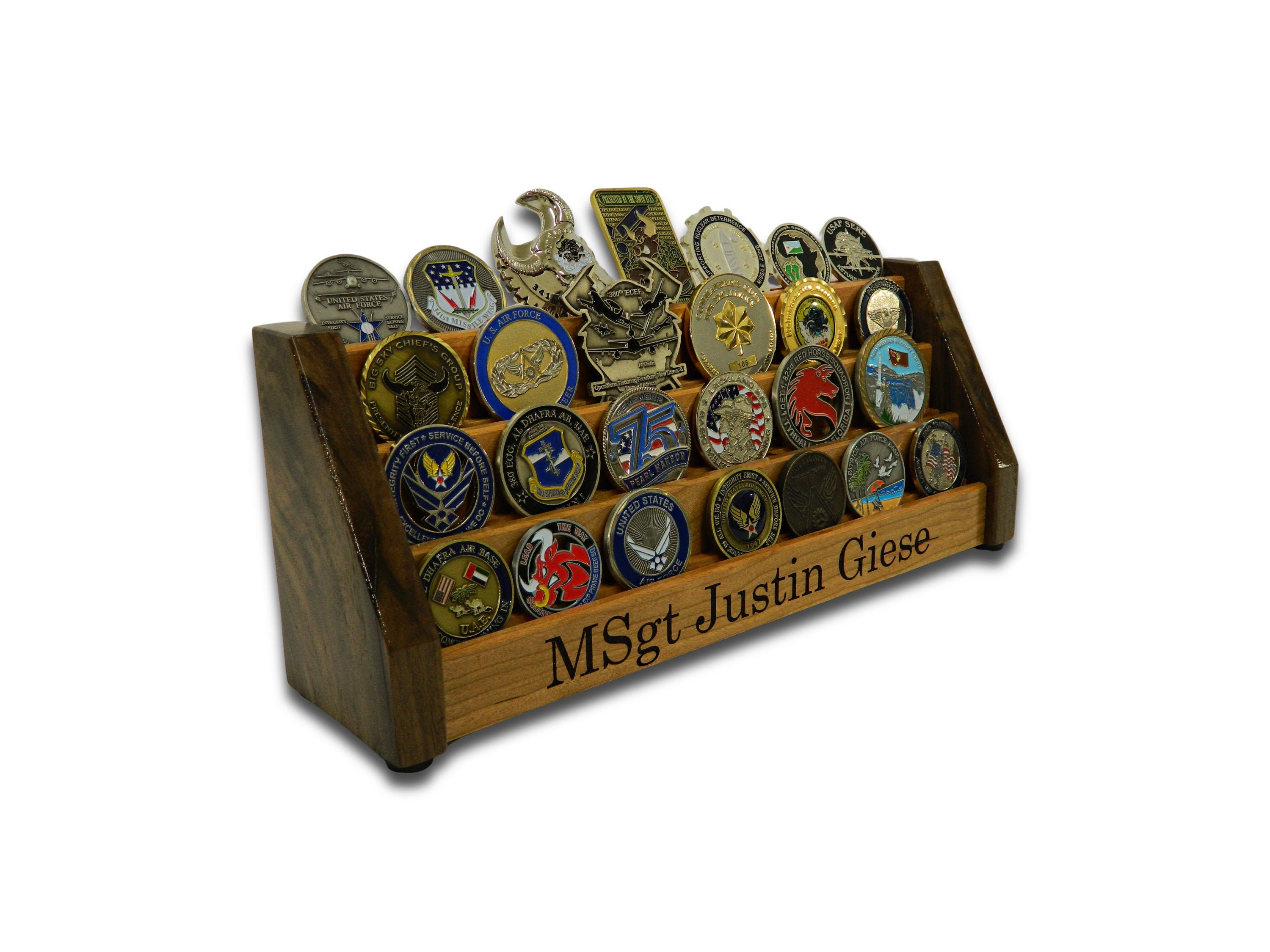 Personalized Vertical Challenge Coin Rack Veteran Handcrafted Cherry & Walnut Display