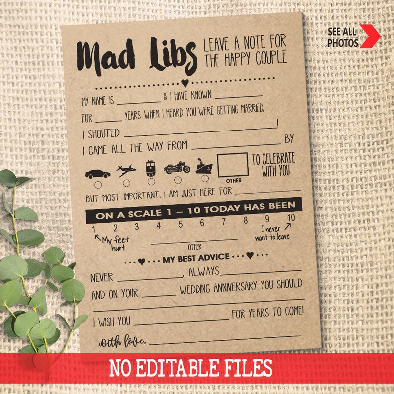 Mad Libs Game Card Wedding Reception Game Printable Party Etsy